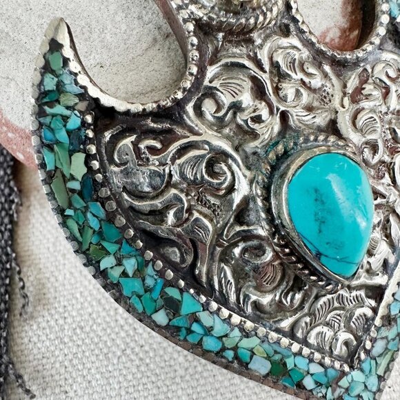 Vintage Turquoise Inlaid Necklace Pendant‎ Coral Big Southwestern - Picture 4 of 10